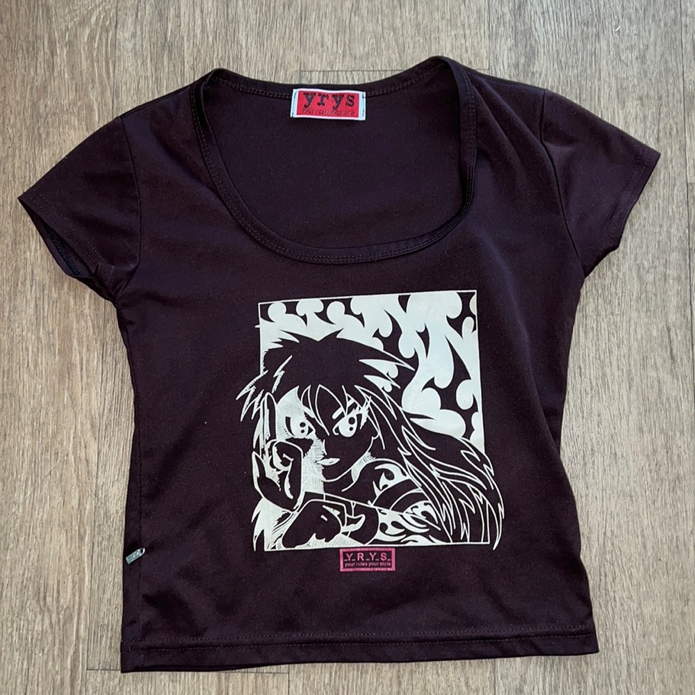 Brown short-sleeved crop top with anime graphic